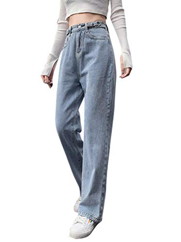 Minetom Baggy Jeans Damen High Waist Straight Jeans Freizeit Loose Gerade Hosen Bootcut Jeanshosen Jeans Vintage Hose mit Weitem Bein H Blau M von Minetom