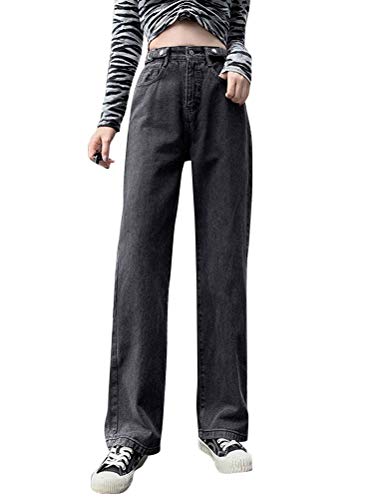 Minetom Baggy Jeans Damen High Waist Straight Jeans Freizeit Loose Gerade Hosen Bootcut Jeanshosen Jeans Vintage Hose mit Weitem Bein H Grau S von Minetom