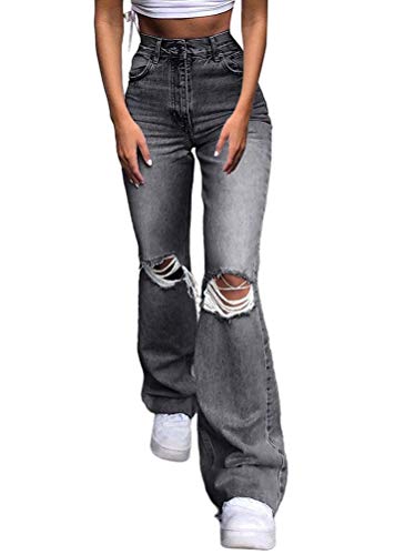 Minetom Baggy Jeans Damen High Waist Straight Jeans Freizeit Loose Gerade Hosen Bootcut Jeanshosen Jeans Vintage Hosen mit Weitem Bein F Grau M von Minetom
