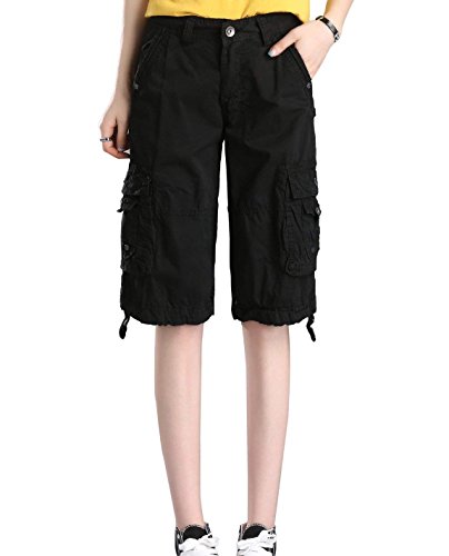 Minetom Bermuda Cargo Shorts Damen Knielang Sommer Kurze Hose Frauen Lose Stretch Boyfriend Knopfleiste Tasche Stoffhose Leinenhose Freizeithose Große Größen (M, Schwarz) von Minetom