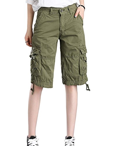 Minetom Bermuda Cargo Shorts Damen Knielang Sommer Kurze Hose Frauen Lose Stretch Boyfriend Knopfleiste Tasche Stoffhose Leinenhose Freizeithose Große Größen Armeegrün Medium von Minetom