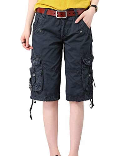 Minetom Bermuda Cargo Shorts Damen Knielang Sommer Kurze Hose Frauen Lose Stretch Boyfriend Knopfleiste Tasche Stoffhose Leinenhose Freizeithose Große Größen Dunkelblau Small von Minetom