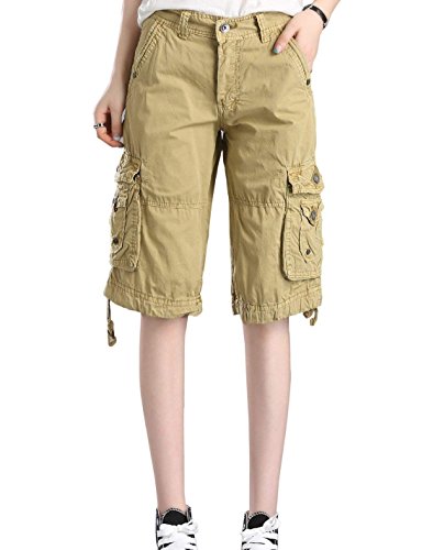 Minetom Bermuda Cargo Shorts Damen Knielang Sommer Kurze Hose Frauen Lose Stretch Boyfriend Knopfleiste Tasche Stoffhose Leinenhose Freizeithose Große Größen Khaki Medium von Minetom