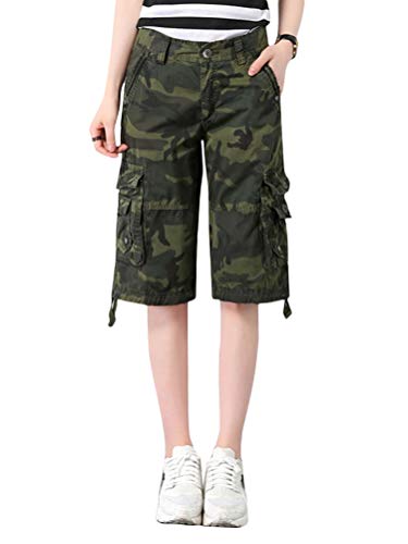 Minetom Bermuda Cargo Shorts Damen Knielang Sommer Kurze Hose Frauen Lose Stretch Boyfriend Knopfleiste Tasche Tarnung Stoffhose Freizeithose Große Größen Y1 Armeegrün M von Minetom