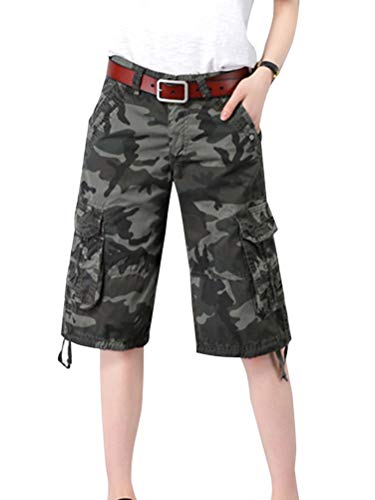 Minetom Bermuda Cargo Shorts Damen Knielang Sommer Kurze Hose Frauen Lose Stretch Boyfriend Knopfleiste Tasche Tarnung Stoffhose Freizeithose Große Größen Y1 Grau S von Minetom