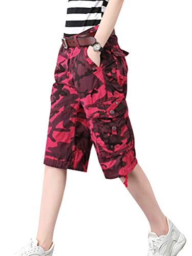 Minetom Bermuda Cargo Shorts Damen Knielang Sommer Kurze Hose Frauen Lose Stretch Boyfriend Knopfleiste Tasche Tarnung Stoffhose Freizeithose Große Größen Y1 Rot XL von Minetom