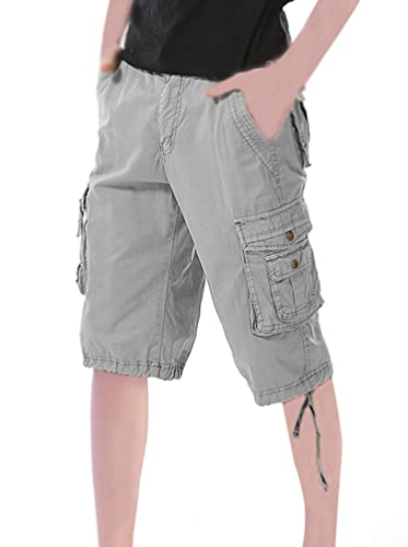 Minetom Bermuda Cargo Shorts Damen Knielang Sommer Kurze Hose Lose Stretch Boyfriend Tasche Sommerhose Sporthose Freizeithose Große Größen A Grau XL von Minetom