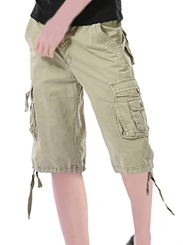 Minetom Bermuda Cargo Shorts Damen Knielang Sommer Kurze Hose Lose Stretch Boyfriend Tasche Sommerhose Sporthose Freizeithose Große Größen A Khaki 3XL von Minetom