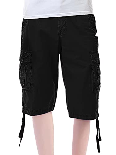 Minetom Bermuda Cargo Shorts Damen Knielang Sommer Kurze Hose Lose Stretch Boyfriend Tasche Sommerhose Sporthose Freizeithose Große Größen A Schwarz 3XL von Minetom