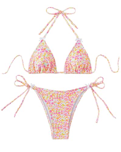 Minetom Bikini Set Damen Badeanzug Blumenmuster Neckholder Bikinioberteil Triangel Verstellbare Bikinihose Sommer Schnürung Bademode Zweiteiliger B Gelb M von Minetom