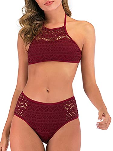 Minetom Bikini-Sets Damen Spitze Push Up Bikini Set Zweiteilige Neckholder Strand Bademode Badeanzug Oberteil High Waist Bikinihose Y2 Rot 38 von Minetom