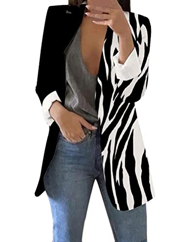 Minetom Blazer Damen Drucken Blazer Jacke Langarm V-Ausschnitt Mantel Business Anzug Ohne Verschluss Outfit Longblazer A Zebra 3XL von Minetom