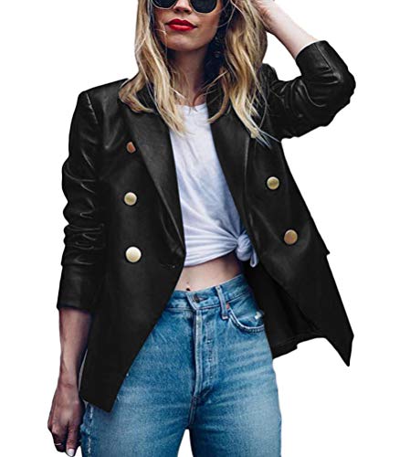 Minetom Blazer Damen Kunstleder Blazer Elegant Damenjacke Bolero Kunstleder PU Jacke Einfarbiger Slim Fit Revers Trenchcoat Kurz Mantel Schwarz S von Minetom