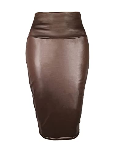 Minetom Bleistiftrock Damen Knielang Business Rock Pencil Rock Schlitz Saum High Waist Wetlook Bodycon Kunstleder Rock B Braun L von Minetom