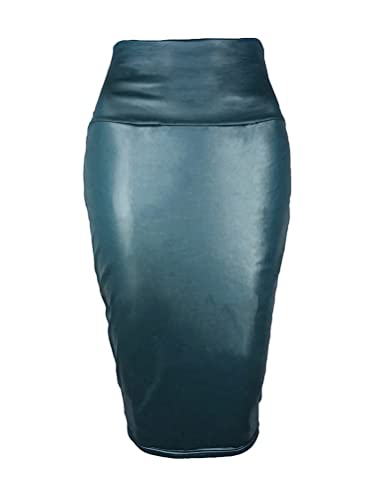 Minetom Bleistiftrock Damen Knielang Business Rock Pencil Rock Schlitz Saum High Waist Wetlook Bodycon Kunstleder Rock B Grün L von Minetom