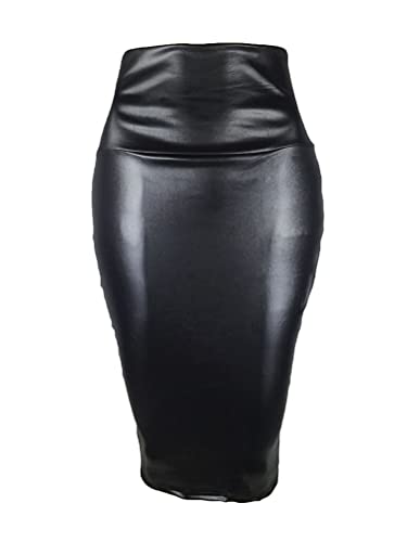 Minetom Bleistiftrock Damen Knielang Business Rock Pencil Rock Schlitz Saum High Waist Wetlook Bodycon Kunstleder Rock B Schwarz S von Minetom