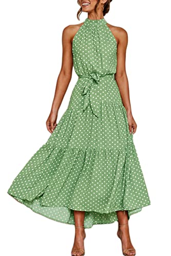 Minetom Blumenkleid Damen Boho Strandkleid Lang Sommerkleid V Ausschnitt Midikleid Cocktailkleid Unregelmäßiger Saum Trägerkleid Mit Gürtel C1 Grün 36 von Minetom