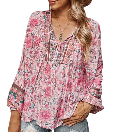 Minetom Bluse Damen Elegant Lässige Boho V-Ausschnitt Blumenmuster Lose Tunika Langarm Sommer Shirt Strandhemd A Rosa 4XL von Minetom