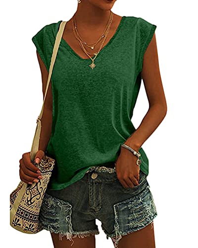 Minetom Damen Ärmellos T-Shirt V-Ausschnitt Elegant Flügelärmeln Oberteile Bluse Sommer Casual Lose Shirts Basic Einfarbige Tops Klamotten Tank Top Frauen Schwarz Weiß Grau Kleidung A Grün L von Minetom