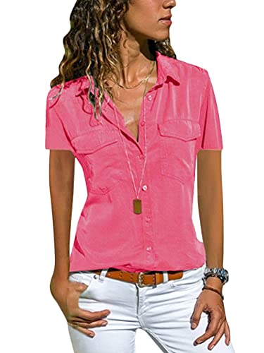 Minetom Bluse Damen Hemd Oberteile V-Ausschnitt Casual Kurzarm T-Shirt Top Tunika Elegant Business Hemd Sommer Revers Kragen Ärmellose Tank Top Weste B Rosa 38 von Minetom