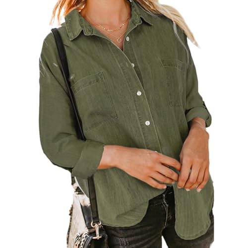 Minetom Bluse Damen Jeanshemd V-Ausschnitt Western Denim Hemd Langarm Business Oberteile Mit Knöpfen Tops Langarmshirt Mit Tasche A Armee Grün XL von Minetom