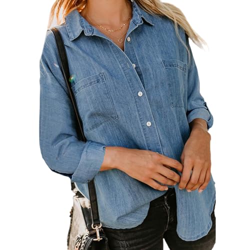 Minetom Bluse Damen Jeanshemd V-Ausschnitt Western Denim Hemd Langarm Business Oberteile Mit Knöpfen Tops Langarmshirt Mit Tasche A Blau L von Minetom