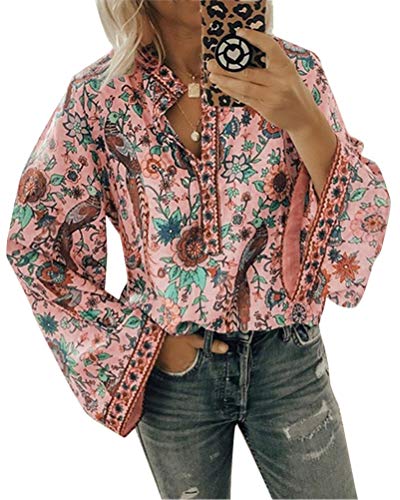 Minetom Bluse Damen Oberteile Elegant Hemdbluse Drucken Langarmshirt V-Ausschnitt Tops Frühling Herbst Winter Shirt Freizeit Business Hemd Pink 42 von Minetom