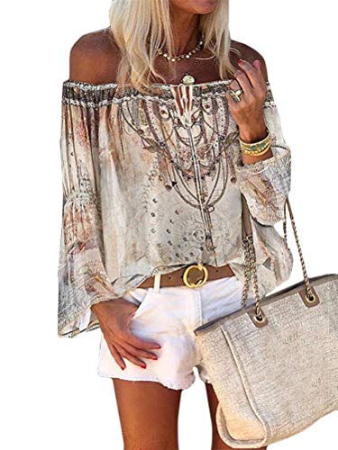 Minetom Bluse Damen Schulterfrei Langarm Freizeit Party Strand Lose Tops Shirt Bluse Boho Blumen Oberteil Langarmshirt Tunika Hemdbluse B Beige S von Minetom