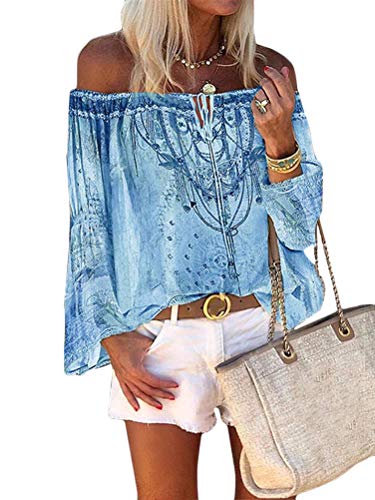 Minetom Bluse Damen Schulterfrei Langarm Freizeit Party Strand Lose Tops Shirt Bluse Boho Blumen Oberteil Langarmshirt Tunika Hemdbluse B Blau XXL von Minetom