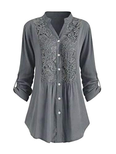 Minetom Bluse Damen Spitzen Blumen Shirt Sexy Oberteile Lässig Locker Tops Elegant Knopf Langarmshirt Tunika Top Große Größe Grau 48 von Minetom