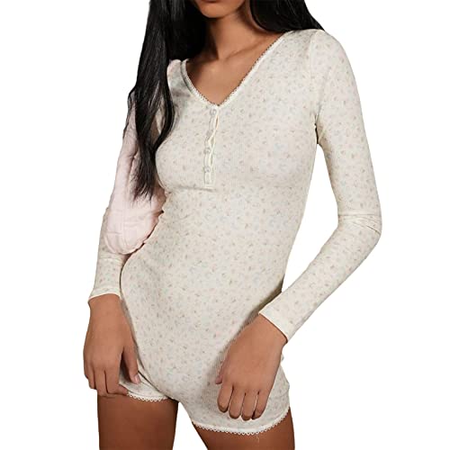 Minetom Bodysuit Damen Langarm Jumpsuit mit Blumendruck Y2k Langärmeliger Einteiler Bodysuit V-Ausschnitt Bodycon Shorts Dehnbarer Pyjama Onesie Strampler 90er E-Girl Y2K Style A Weiß L z von Minetom