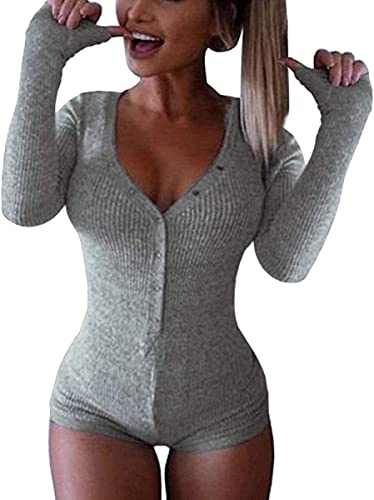 Minetom Bodysuit Damen Langarm Jumpsuit mit Blumendruck Y2k Langärmeliger Einteiler Bodysuit V-Ausschnitt Bodycon Shorts Dehnbarer Pyjama Onesie Strampler 90er E-Girl Y2K Style B Grau L von Minetom