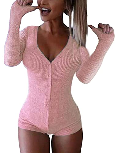 Minetom Bodysuit Damen Langarm Jumpsuit mit Blumendruck Y2k Langärmeliger Einteiler Bodysuit V-Ausschnitt Bodycon Shorts Dehnbarer Pyjama Onesie Strampler 90er E-Girl Y2K Style B Rosa L von Minetom