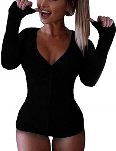 Minetom Bodysuit Damen Langarm Jumpsuit mit Blumendruck Y2k Langärmeliger Einteiler Bodysuit V-Ausschnitt Bodycon Shorts Dehnbarer Pyjama Onesie Strampler 90er E-Girl Y2K Style B Schwarz S von Minetom