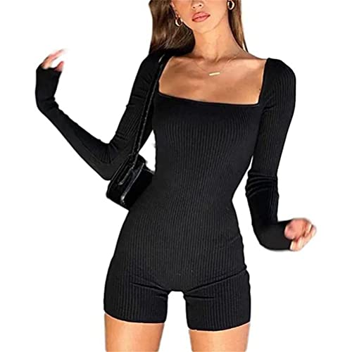 Minetom Bodysuit Damen Langarm Jumpsuit mit Blumendruck Y2k Langärmeliger Einteiler Bodysuit V-Ausschnitt Bodycon Shorts Dehnbarer Pyjama Onesie Strampler 90er E-Girl Y2K Style C Schwarz XS von Minetom