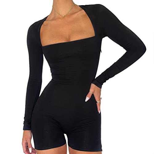 Minetom Bodysuit Damen Langarm Jumpsuit mit Blumendruck Y2k Langärmeliger Einteiler Bodysuit V-Ausschnitt Bodycon Shorts Dehnbarer Pyjama Onesie Strampler 90er E-Girl Y2K Style D Schwarz M von Minetom