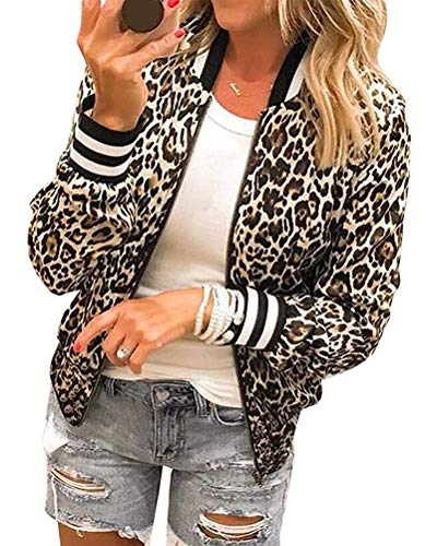 Minetom Bomberjacke Damen Blumen Leicht Kurze Jacke Frühling Sommer Reißverschluss Stehkragen Leopardenmuster Mantel Outwear Biker Übergangsjacke B Khaki L von Minetom