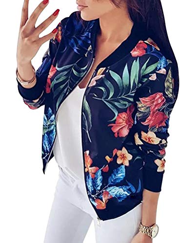 Minetom Bomberjacke Damen Blumen Leicht Kurze Jacke Frühling Sommer Reißverschluss Stehkragen Mantel Outwear Biker Übergangsjacke C Blau L von Minetom