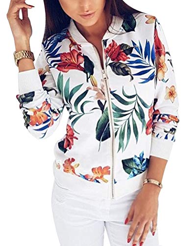 Minetom Bomberjacke Damen Blumen Leicht Kurze Jacke Frühling Sommer Reißverschluss Stehkragen Mantel Outwear Biker Übergangsjacke C Weiß M von Minetom
