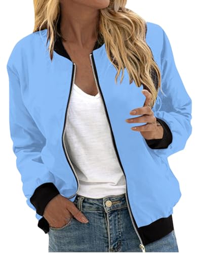 Minetom Bomberjacke Damen Jacke Casual Langarm Outwear ReißVerschluss Leichte Übergangsjacke Bikerjacke Frühling Sommer Mantel A Hellblau XXL Minetom Bomberjacke Damen Jacke Casual Langarm Outwear ReißVerschluss Leichte Übergangsjacke Bikerjacke Frühling Sommer Mantel A Hellblau XXL von Minetom