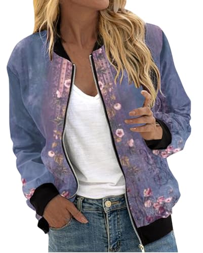 Minetom Bomberjacke Damen Jacke Casual Langarm Outwear ReißVerschluss Leichte Übergangsjacke Bikerjacke Frühling Sommer Mantel B Blau 1 XXL von Minetom