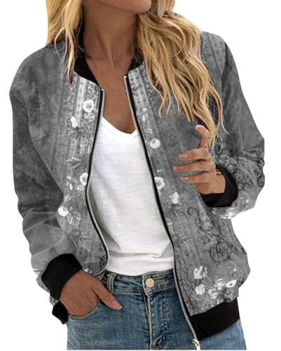 Minetom Bomberjacke Damen Jacke Casual Langarm Outwear ReißVerschluss Leichte Übergangsjacke Bikerjacke Frühling Sommer Mantel B Grau L von Minetom