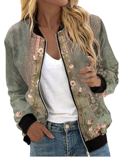 Minetom Bomberjacke Damen Jacke Casual Langarm Outwear ReißVerschluss Leichte Übergangsjacke Bikerjacke Frühling Sommer Mantel B Grün M von Minetom