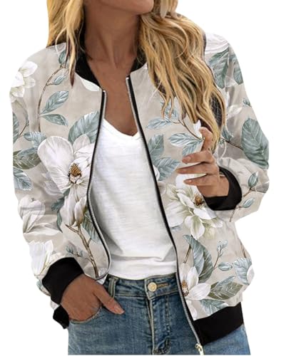 Minetom Bomberjacke Damen Jacke Casual Langarm Outwear ReißVerschluss Leichte Übergangsjacke Bikerjacke Frühling Sommer Mantel B Hellgrün S von Minetom