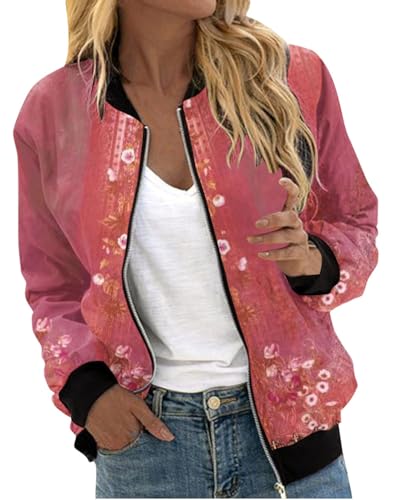 Minetom Bomberjacke Damen Jacke Casual Langarm Outwear ReißVerschluss Leichte Übergangsjacke Bikerjacke Frühling Sommer Mantel B Rot XXL von Minetom