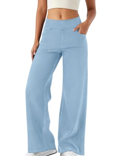 Minetom Bootcut Jeans Damen High Waist Stretch Jeggings Denim Activewear Hosen Mit 4 Taschen Jeanshose Zum Anziehen Schlaghose Yogahose A Hellblau XL von Minetom