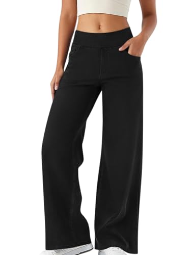 Minetom Bootcut Jeans Damen High Waist Stretch Jeggings Denim Activewear Hosen Mit 4 Taschen Jeanshose Zum Anziehen Schlaghose Yogahose A Schwarz XL von Minetom