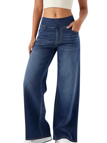 Minetom Bootcut Jeans Damen High Waist Stretch Jeggings Denim Activewear Hosen Mit 4 Taschen Jeanshose Zum Anziehen Schlaghose Yogahose B Blau XXL von Minetom