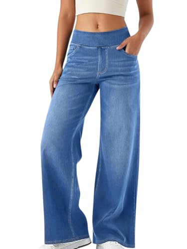 Minetom Bootcut Jeans Damen High Waist Stretch Jeggings Denim Activewear Hosen Mit 4 Taschen Jeanshose Zum Anziehen Schlaghose Yogahose B Hellblau S von Minetom