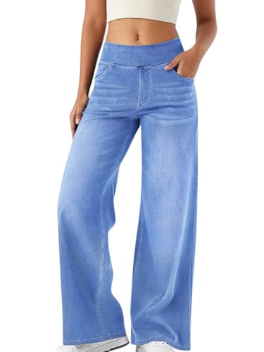 Minetom Bootcut Jeans Damen High Waist Stretch Jeggings Denim Activewear Hosen Mit 4 Taschen Jeanshose Zum Anziehen Schlaghose Yogahose C Blau 01 M von Minetom